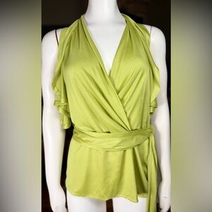 Gucci Vintage Y2k Chartreuse Faux Wrap Open Back Ruffle Sleeveless Top, Sz 44/8